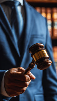 A Gavel Held By A Man Dressed In A Suit Standing Against A Backdrop Of Law Books And A Courtroom Setting — Stock Photo