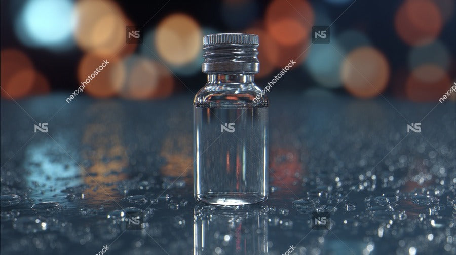 A Clear Glass Bottle Of Liquid Sits On A Rain Soaked Surface With Droplets Visible Around It — Stock Photo