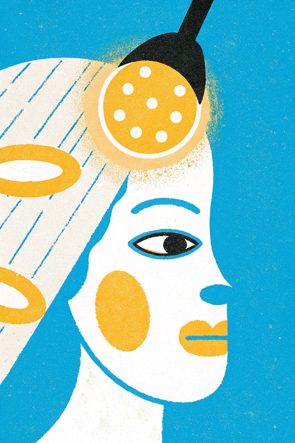 Woman S Head With Hair Rollers And A Brush Illustrated In A Folk Art Style On A Blue Background — Stock Illustration