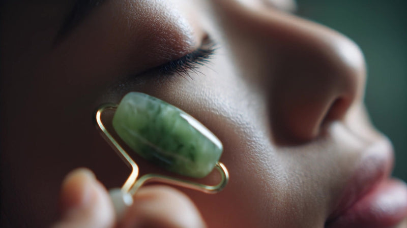 a woman in a close up shot with her eyes closed holding a jade stone to her face - Stock Video