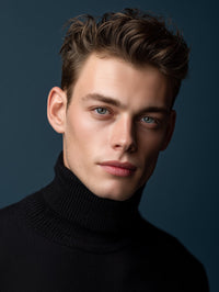 A Young Man Posing For A Portrait Wearing A Black Turtleneck And Styled Hair — Stock Photo