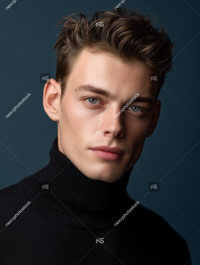 A Young Man Posing For A Portrait Wearing A Black Turtleneck And Styled Hair — Stock Photo