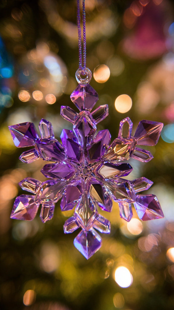 A Purple Crystal Snowflake Ornament Is Visible In A Festive Christmas Tree Setting Surrounded By Colorful Lights And Decorations — Stock Photo