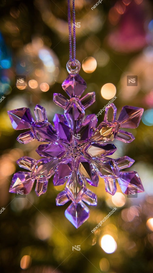 A Purple Crystal Snowflake Ornament Is Visible In A Festive Christmas Tree Setting Surrounded By Colorful Lights And Decorations — Stock Photo