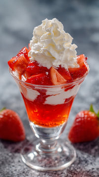 Strawberry Shortcake With Whipped Cream In A Glass Dish Garnished With Fresh Strawberries And A Dollop Of Whipped Cream On Top — Stock Photo
