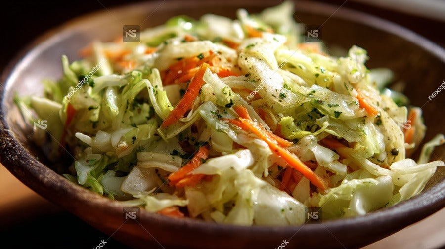 A Bowl Of Freshly Made Coleslaw With Visible Shreds Of Cabbage And Carrots Placed On A Wooden Table — Stock Photo