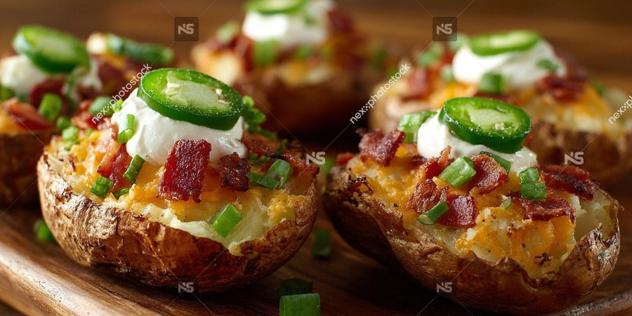 Three Loaded Baked Potatoes Topped With Sour Cream And Bacon Garnished With Jalapenos On A Wooden Surface — Stock Photo