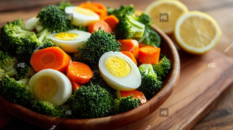 A Colorful Vegetable Platter With Broccoli Carrots And Eggs On A Wooden Cutting Board — Stock Photo