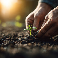 A Farmer S Hand Gently Cradles A Young Plant Nurturing Its Growth In A Rich Dark Soil Bed — Stock Photo