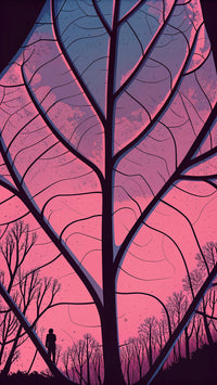 A Digital Art Print Of A Tree With Purple And Pink Hues In The Background — Stock Illustration