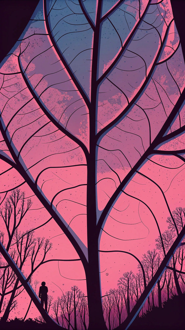 A Digital Art Print Of A Tree With Purple And Pink Hues In The Background — Stock Illustration