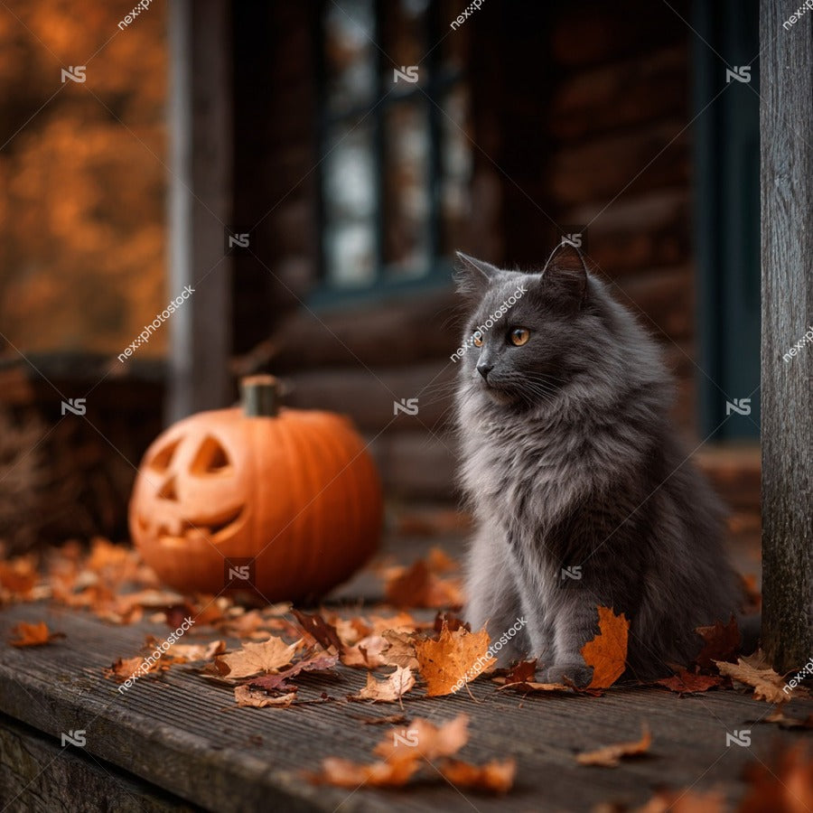 Gray Cat Sitting On Porch Steps During Autumn With Pumpkin And Leaves In Background — Stock Photo