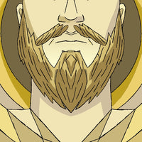Beard Portrait Of A Man With A Mustache And Goatee Depicted In A Stylized Manner With A Golden Halo Around His Head — Stock Vector