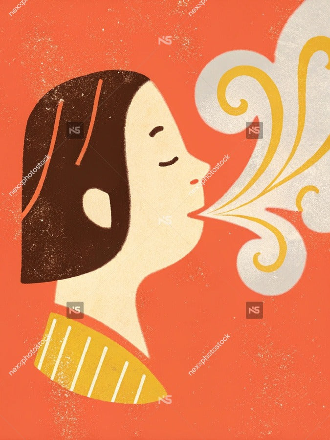 A Vintage Style Illustration Of A Woman Inhaling Smoke From A Cigarette With Her Eyes Closed And A Serene Expression On Her Face — Stock Illustration