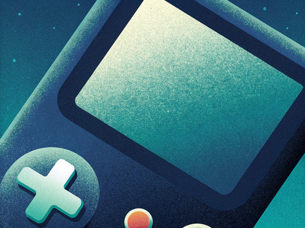 Illustration Of A Classic Handheld Gaming Console With A Blue Background And A Retro Video Game Aesthetic — Stock Illustration