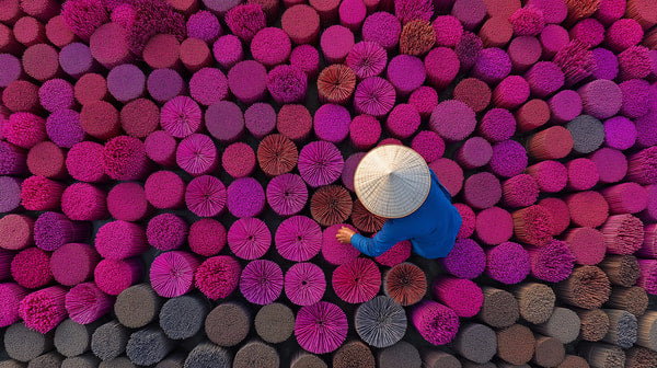 A Vendor Stands Amidst Stacks Of Colorful Wood Surrounded By A Vibrant Array Of Pink And Purple Logs — Stock Photo