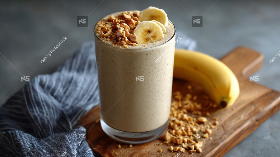 A Delicious Banana Smoothie Topped With Granola Served In A Glass On A Wooden Table — Stock Photo
