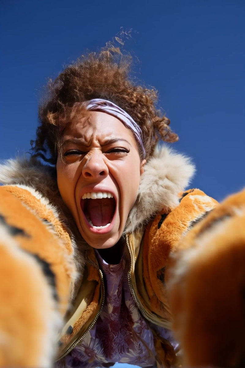 a woman dressed in a costume is taking a selfie with her hand raised capturing her face and upper body - Stock Video