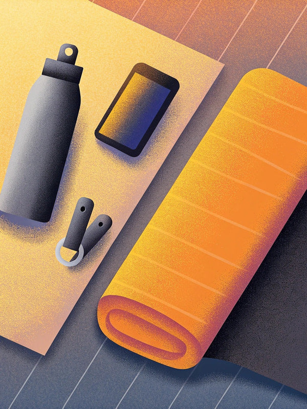 A Yoga Mat With Accessories Including A Water Bottle Rolled Up On A Surface — Stock Illustration