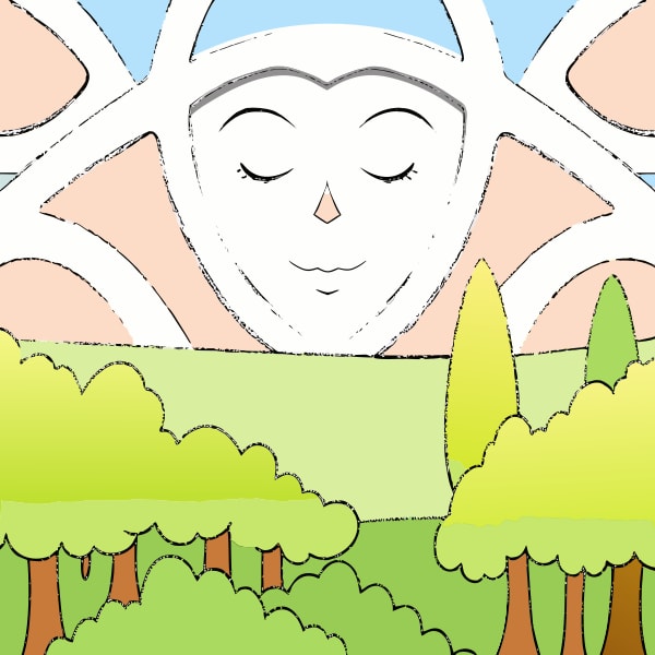 Illustration Of A Serene Landscape Scene A Smiling Face In The Sky Above A Verdant Field And Trees — Stock Vector