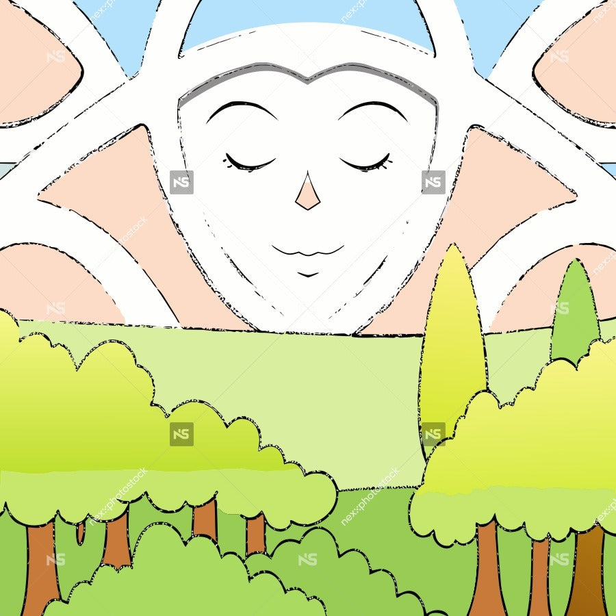 Illustration Of A Serene Landscape Scene A Smiling Face In The Sky Above A Verdant Field And Trees — Stock Vector