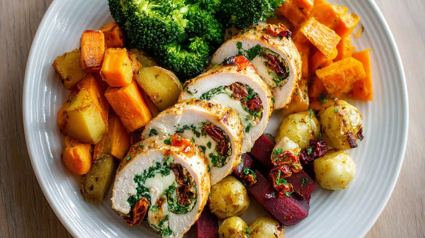 A Plate Of Roasted Chicken And Vegetables Including Broccoli And Potatoes On A White Plate — Stock Photo