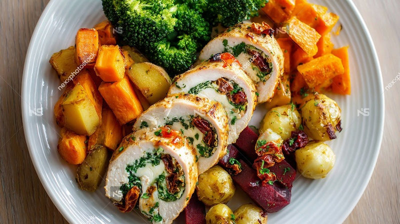 A Plate Of Roasted Chicken And Vegetables Including Broccoli And Potatoes On A White Plate — Stock Photo