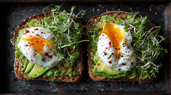 A Plate Of Avocado Toast Topped With Fried Eggs Garnished With Red Pepper Flakes And Microgreens — Stock Photo