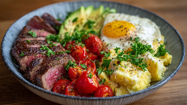 A Plate Of Hearty Breakfast Food Including Eggs Sausage Tomatoes And Potatoes Served On A Wooden Table — Stock Photo