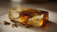 Two Images Of A Large Amber Colored Crystal With Visible Inclusions And Cracks Resting On A White Surface — Stock Photo