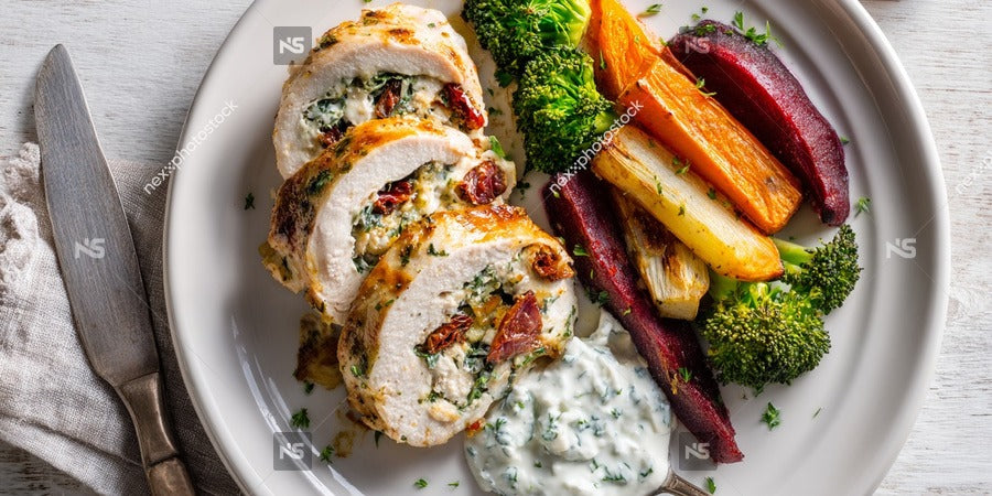 A Plate Of Chicken And Vegetables Served With A Side Of Sauce — Stock Photo