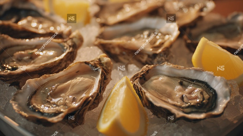 Oysters On Ice With Lemon Wedges — Stock Photo