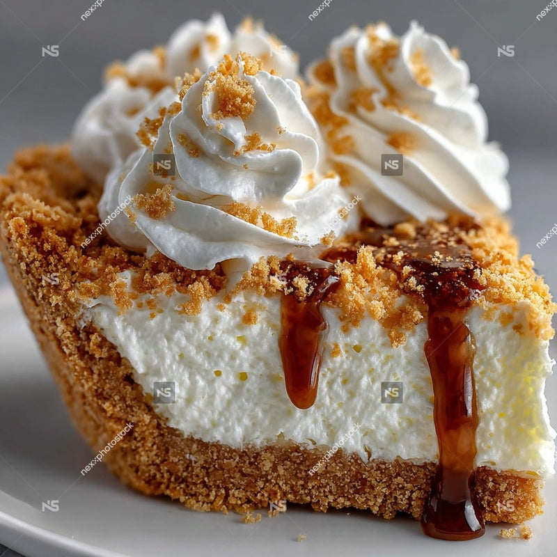 A Slice Of Cheesecake With Caramel Drizzle Topped With Whipped Cream And Graham Cracker Crust — Stock Photo