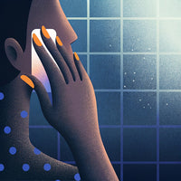 A Person In A Bathroom Looking Into A Mirror With Their Hand On Their Face — Stock Illustration