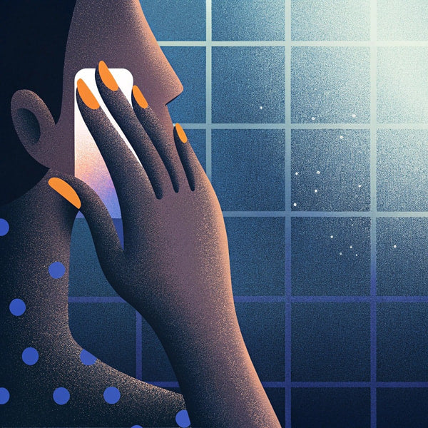A Person In A Bathroom Looking Into A Mirror With Their Hand On Their Face — Stock Illustration