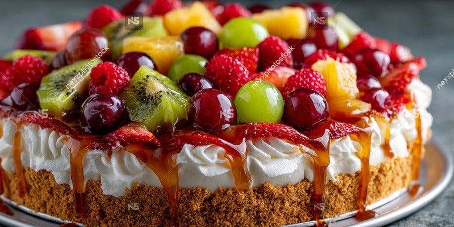 A Fruit Topped Cake With Whipped Cream Garnished With Berries And A Drizzle Of Caramel Sauce — Stock Photo