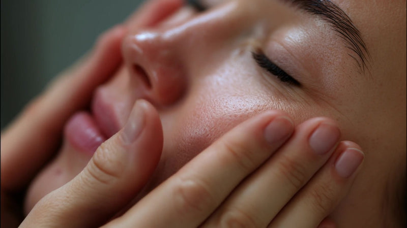 a close up of a woman s face during a skincare beauty treatment with her eyes closed and hands gently placed on her cheeks - Stock Video