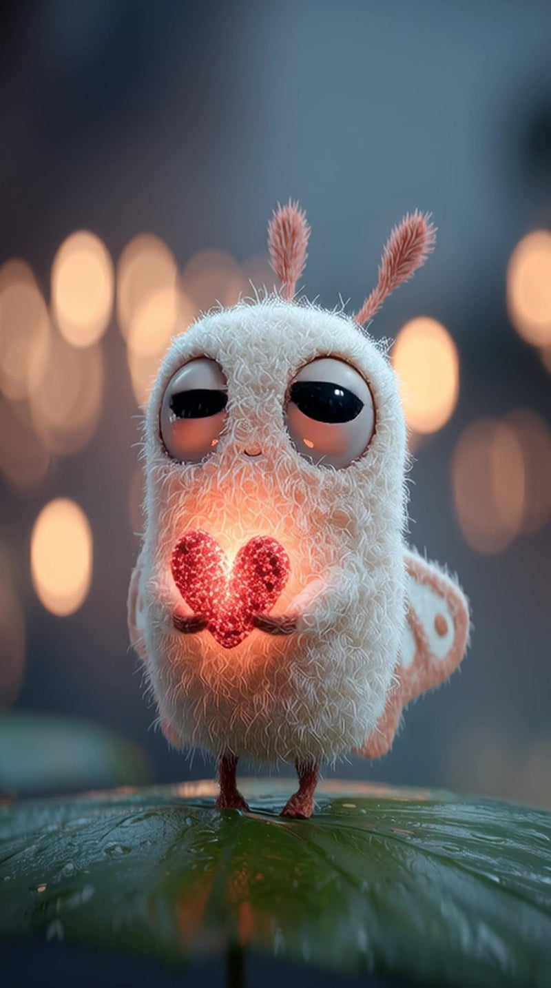 features a small plush toy resembling a bird with glowing eyes and antennae standing on what to be a leaf - Stock Video