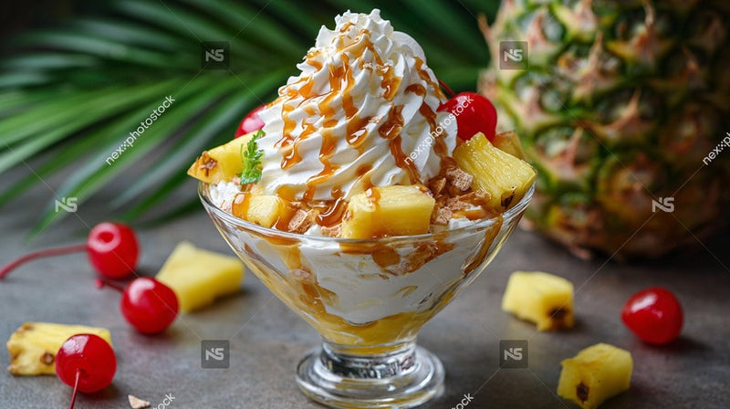 A Delicious Looking Hawaiian Pineapple Whip Cream Dessert Served In A Glass Bowl With A Spoon Topped With Whipped Cream And Cherries — Stock Photo