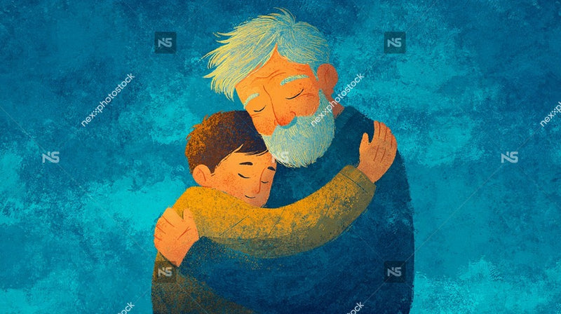 A Heartwarming Illustration Of An Elderly Man Embracing A Child In A Blue Background — Stock Illustration