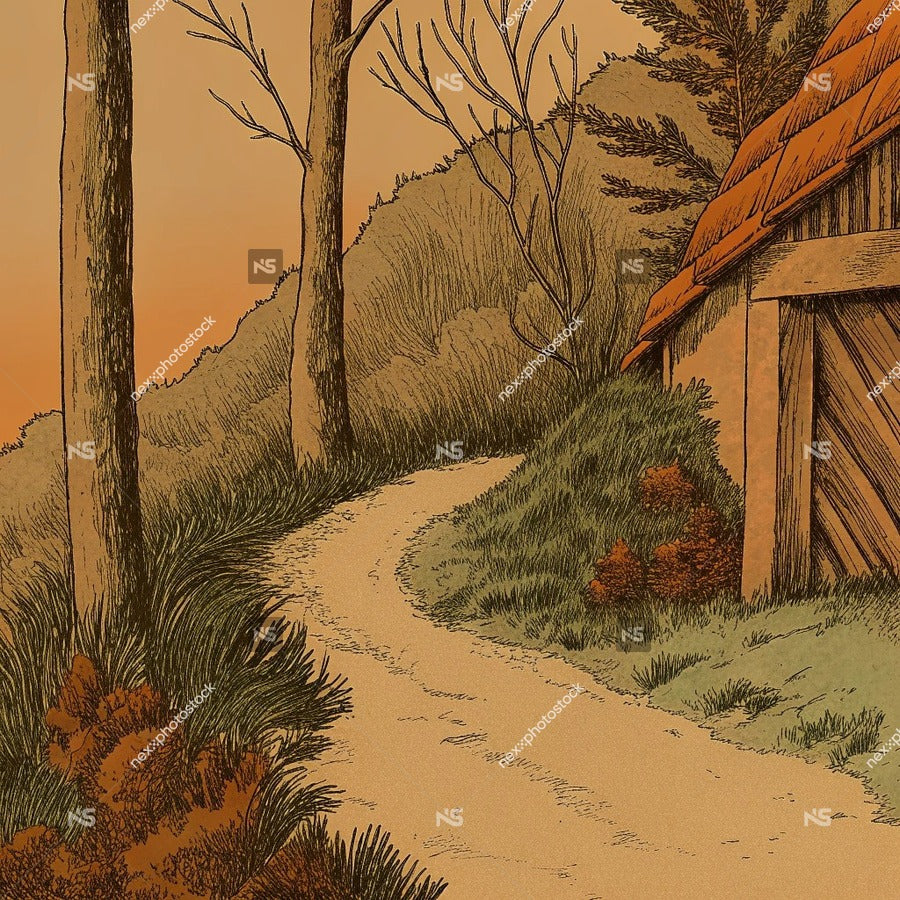 A Rural Landscape Illustration A Dirt Road Leading To A Barn In The Distance — Stock Illustration