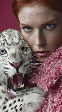 A Woman Poses With A Leopard In A Studio Setting Showcasing Her Striking Appearance And The Majestic Animal — Stock Photo