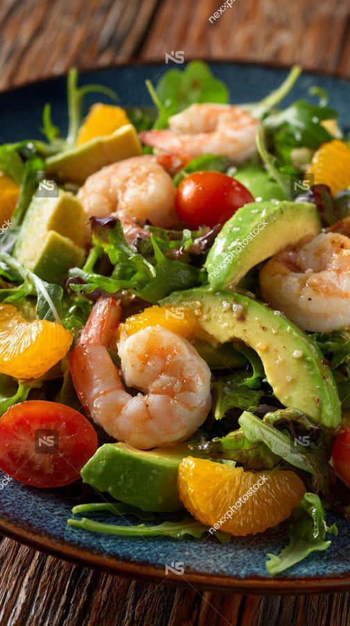 A Plate Of Shrimp Salad With Avocado And Tomato Served On A Wooden Table — Stock Photo