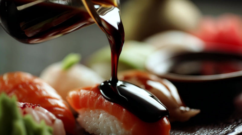 soy sauce dripping over sushi - Stock Video