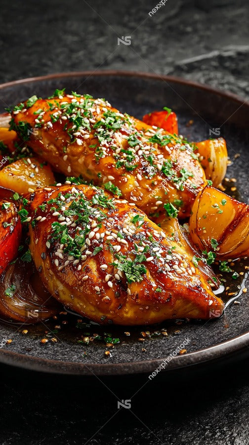 Chicken With Sesame Seeds And Vegetables On A Plate Garnished With Herbs Served On A Wooden Table — Stock Photo