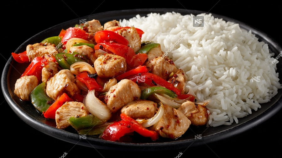A Plate Of Chicken Rice And Peppers On A Black Tray — Stock Photo