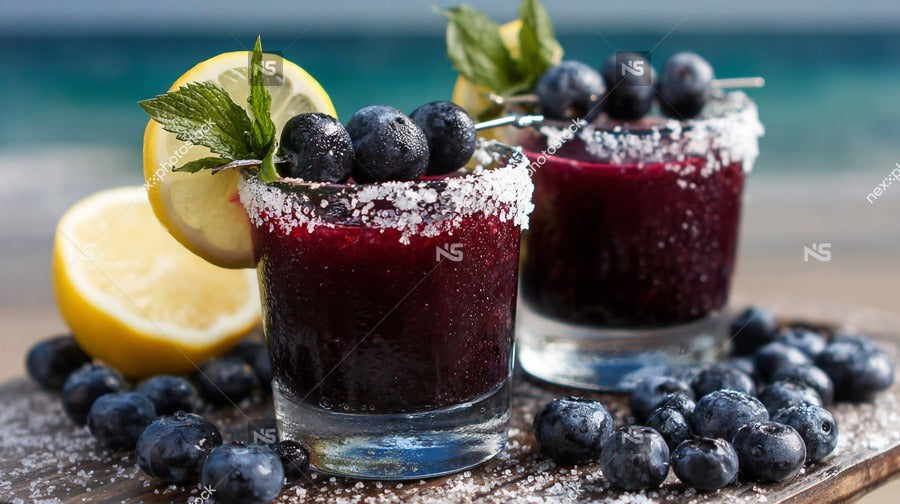 Two Glasses Of Blueberry Mojito Cocktails Garnished With Lemon Slices Placed On A Wooden Surface Surrounded By Fresh Blueberries — Stock Photo