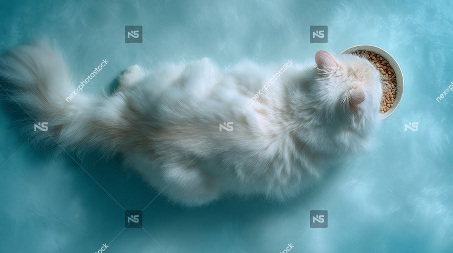 A Cat Lying Down Next To A Bowl Of Food With A Blue Background — Stock Photo