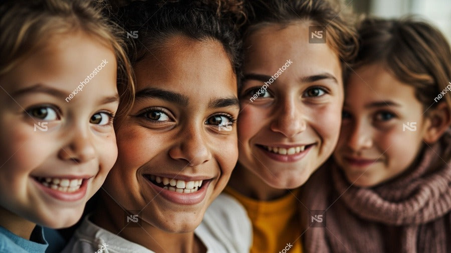 A Family Portrait Of Four Children And One Adult Smiling And Posing For A Photo With A Blurred Background — Stock Photo