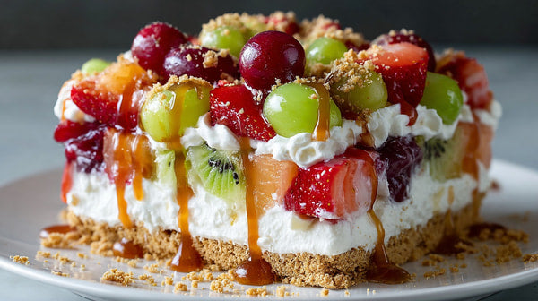 A Fruit Tart With Whipped Cream Topped With A Drizzle Of Caramel Sauce And Garnished With Fresh Berries — Stock Photo